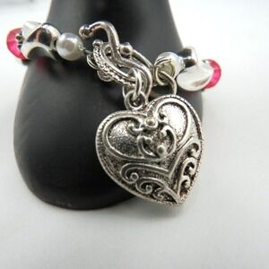 Live Love Laugh Silver Tone Charm Bracelet Embossed Heart Pendant Pink  Beads